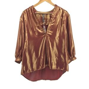 by Anthropologie‎ Metallic Foil Blouse Bronze 3/4 Sleeves Sz M Party Glam New